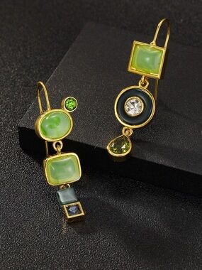 Chico’s Museum Geometric Earrings Asymmetric Drop Gold Modern Art Green